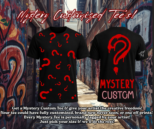 Two black t-shirts with red question marks and 'Mystery Custom' text on a graffiti-covered wall background.